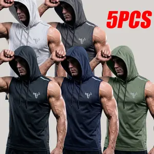 Men's 5-Pack Hooded Sleeveless Sporty Sports Tops - Polyester Knit Fabric, Reflective Bull Head Chest Logo, Hood Drawstring, Cool Breathable Quick-Drying Lightweight Fitness Casual Wear