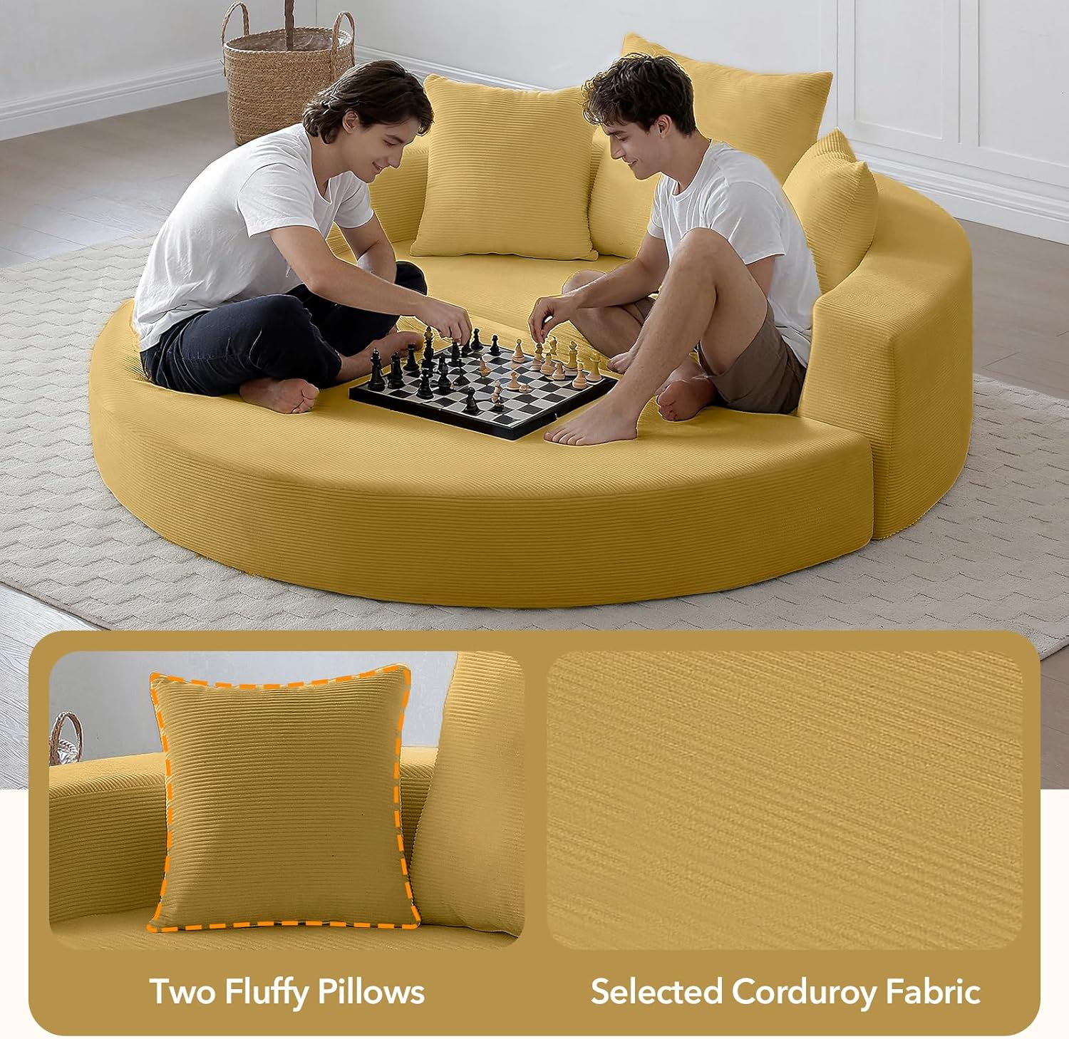 Round Convertible Sleeper Sofa Bed Folding Couch Chenille Foldable Floor Couch Bed with Armrest and Pillows, 67" Boneless Sofa Sleeper for Living Room, Apartment, Dorm, Small Spaces