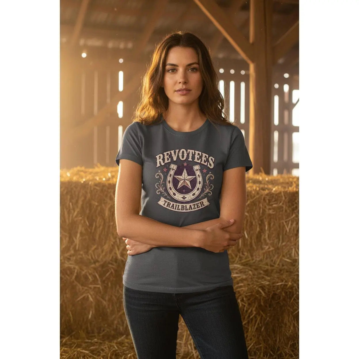 Women's Western T-Shirt with Vintage Lone Star Graphic - Soft Lightweight Ringspun Cotton, Semi-Fitted with Ribbed Collar, Light, Farmers' Markets, Do Not Dry Clean, Collared Neck, Machine Washable