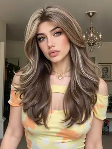 Highlights Long Curly Wig Set, 20 Inch Women's High-Temperature Resistant Fashion Casual Wig for Mother's Day Music Festival Synthetic Material Wigs