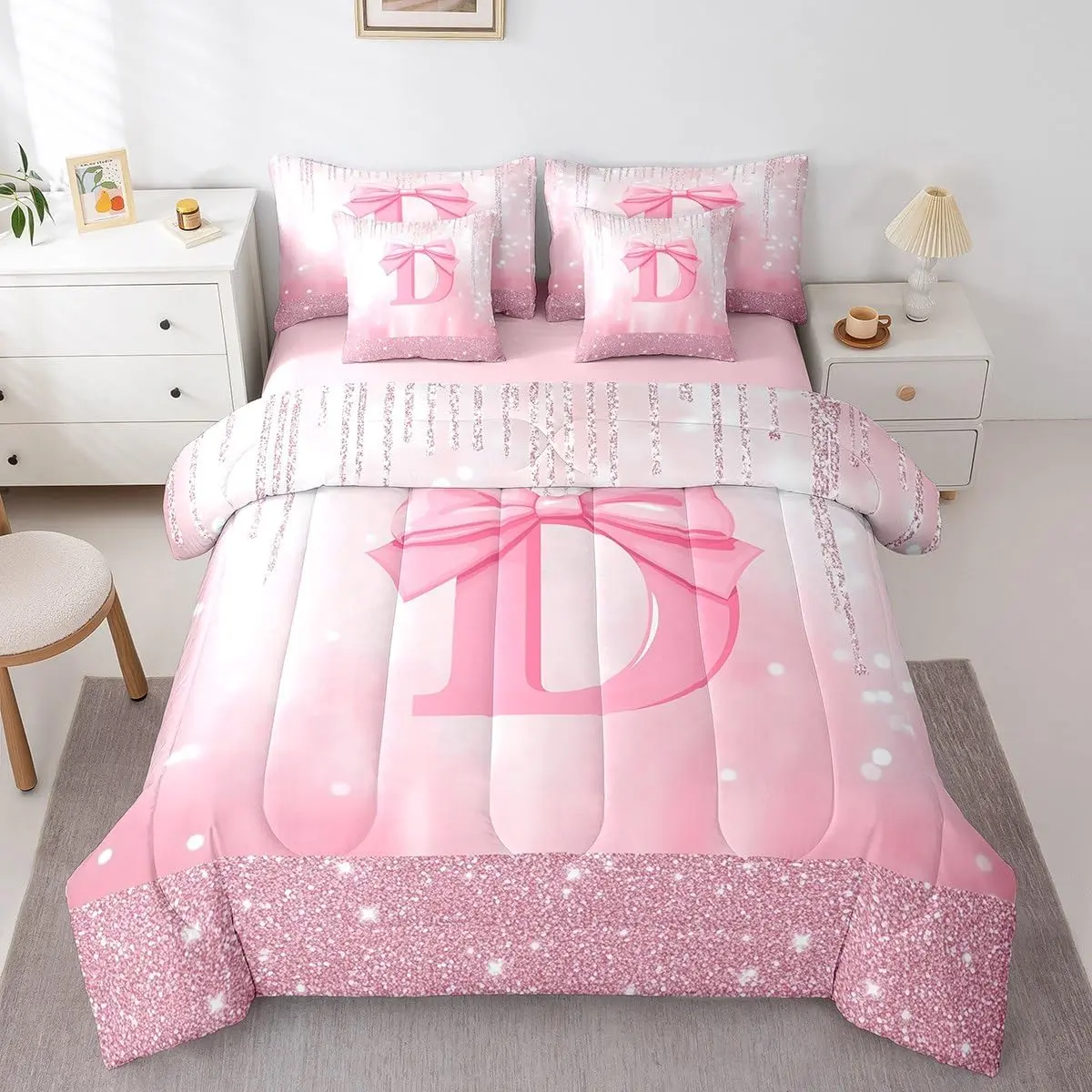 Kids Pink Bowknot 7 Pieces Bedding Set,Personalized Initial D Bed in A Bag Princess Glitter Comforter Set with Sheets Bow Alphabet Bed Set Bedroom Decor 7Pcs
