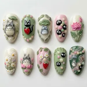 Kawaii Anime Press On Nails| 3D Totoro, Strawberry, Flower & Soot Sprite Design| Cute Nature Aesthetic Nails Set