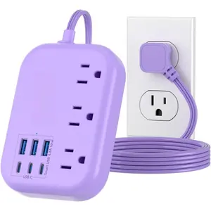 L-PSP003  6 USB(3 USB C) Purple Travel Power Strip- 5Ft Purple Extension Cord with USB Charging Station 24W and 3 Outlets, Pink Desk Accessories for Cruise Travel Cute Kawaii Lavender Home Office Dorm Room Plug Port