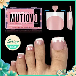 MUTIOVO French Tip Toe Nail Tips Press on, Sharp Square Pre-Designed Soft Gel False Toenail Extension, BABY PINK Pre-applied Tip Primer & Base Coat, Full Cover Acrylic for DIY x 15 Sizes 240 pcs