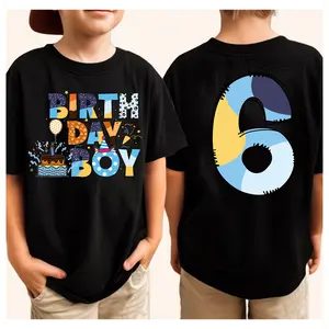 100% Cotton Custom Age Youth Blue Dog Cartoon Theme Birthday Boy T-Shirt, Funny Birthday Gift for Boys, Cartoon Fan Birthday Shirt