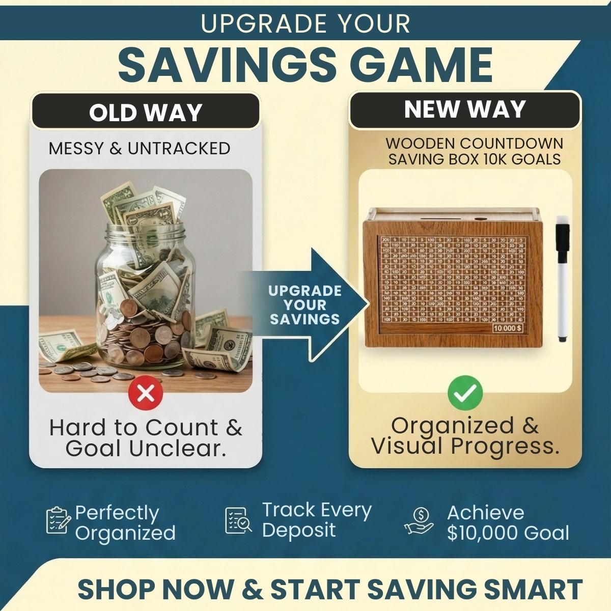 Wooden Cash Money Saving Box for Kids & Adults - Reusable $10,000 Savings Challenge Box with Progress Tracker & Cash Vault, Educational Piggy Bank Gift for Boys Girls