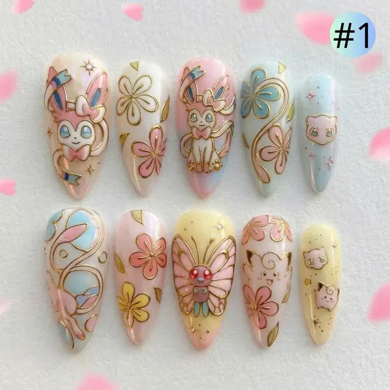 Custom Pocket Monsters Press-on Nails - Fantasy Creatures Collection, Cute Anime Character Art Set, Kawaii Cottagecore Gamer Gifts for Nail Care Enthusiasts