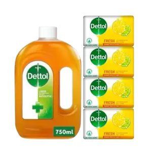 Dettol Antiseptic Liquid 750mL & 4 Fresh Soap 100mL Each - Effective Antiseptic Solution for Home & Personal