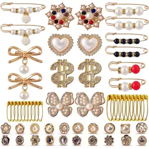 X-BY-a10 54 PCS Gold Rhinestone Pearl Brooch Pin Set | Multi-Use Sock Shoe Charms & Clothing Accessories for Women | Junk Journal Safety Pin Decor for Hats Scarves Shawls
