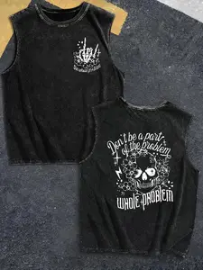 Men's 230g Heavyweight Washed Cotton Vest - Retro Graphic Sleeveless Tank Top with Skull & "Don't Be a Part of the Problem" Print, All-Season Casual Outdoor Hip-Hop Sleeveless Shirt Easter, Music Festival, Mother's Day Gifts