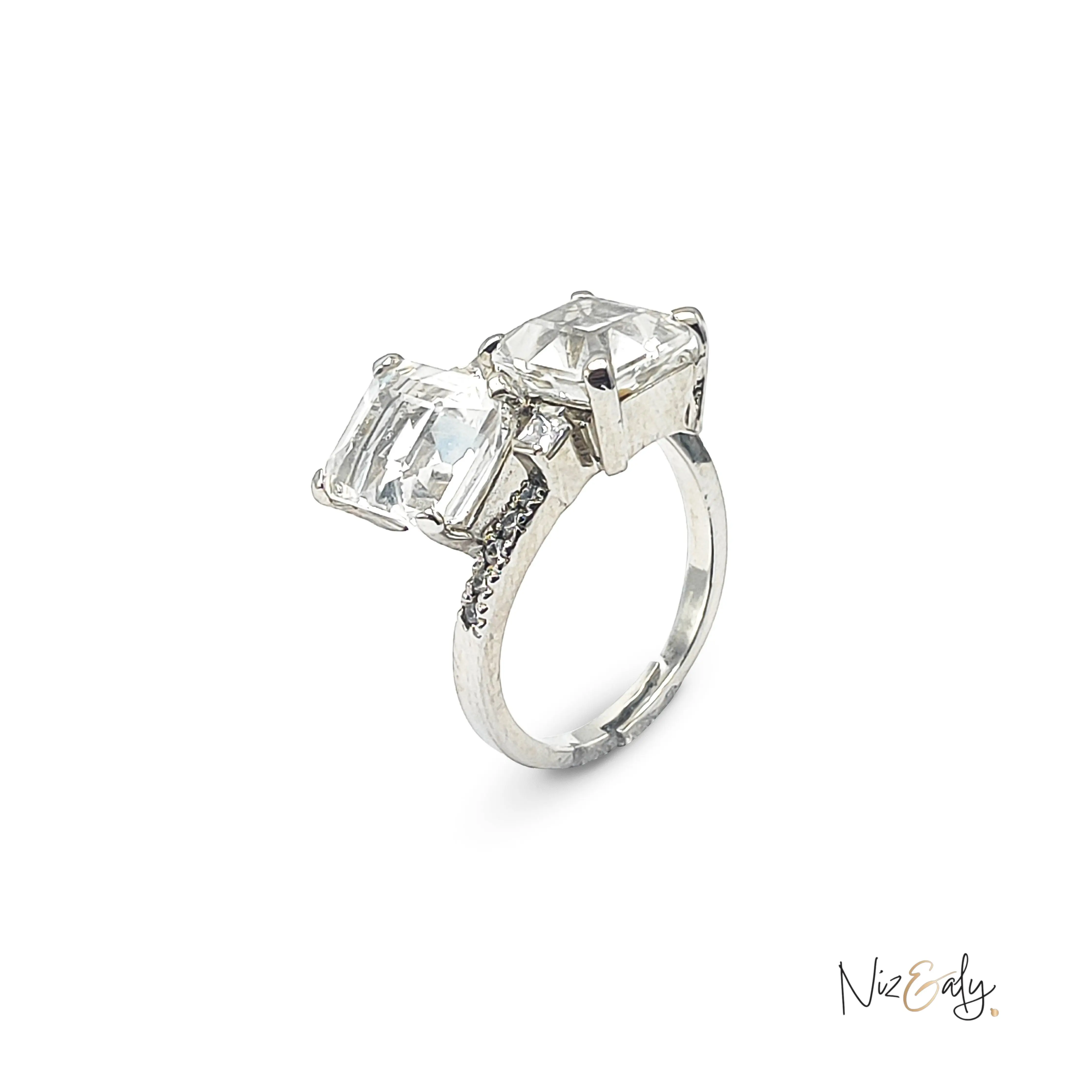 Twin Clear Quartz Ring in Silver