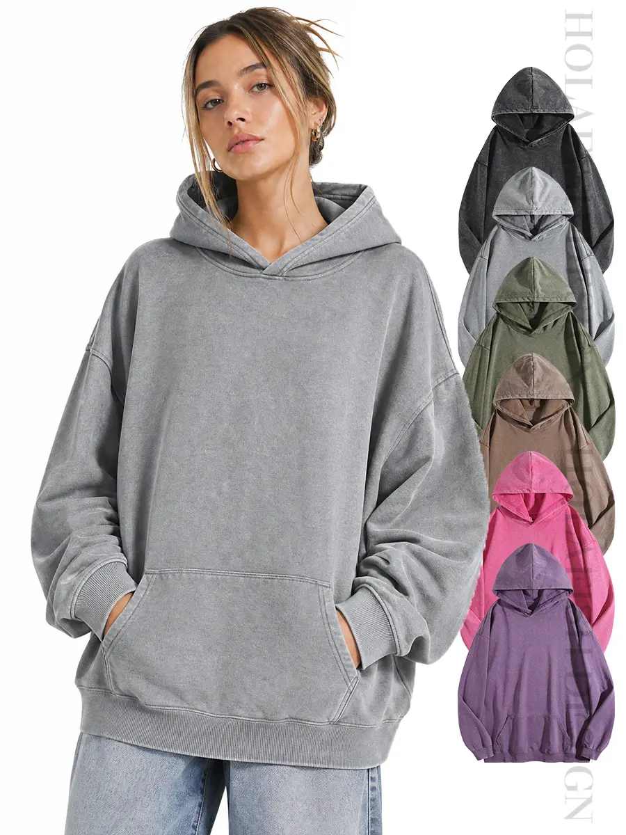 Holafish Women's Cotton-Polyester Oversized Acid Wash Hoodie Pullover - Longsleeves, Kangaroo Pocket, Loose Minimalist Design, Comfy Crewneck, Lightweight Essential Piece for Casual, School Wear