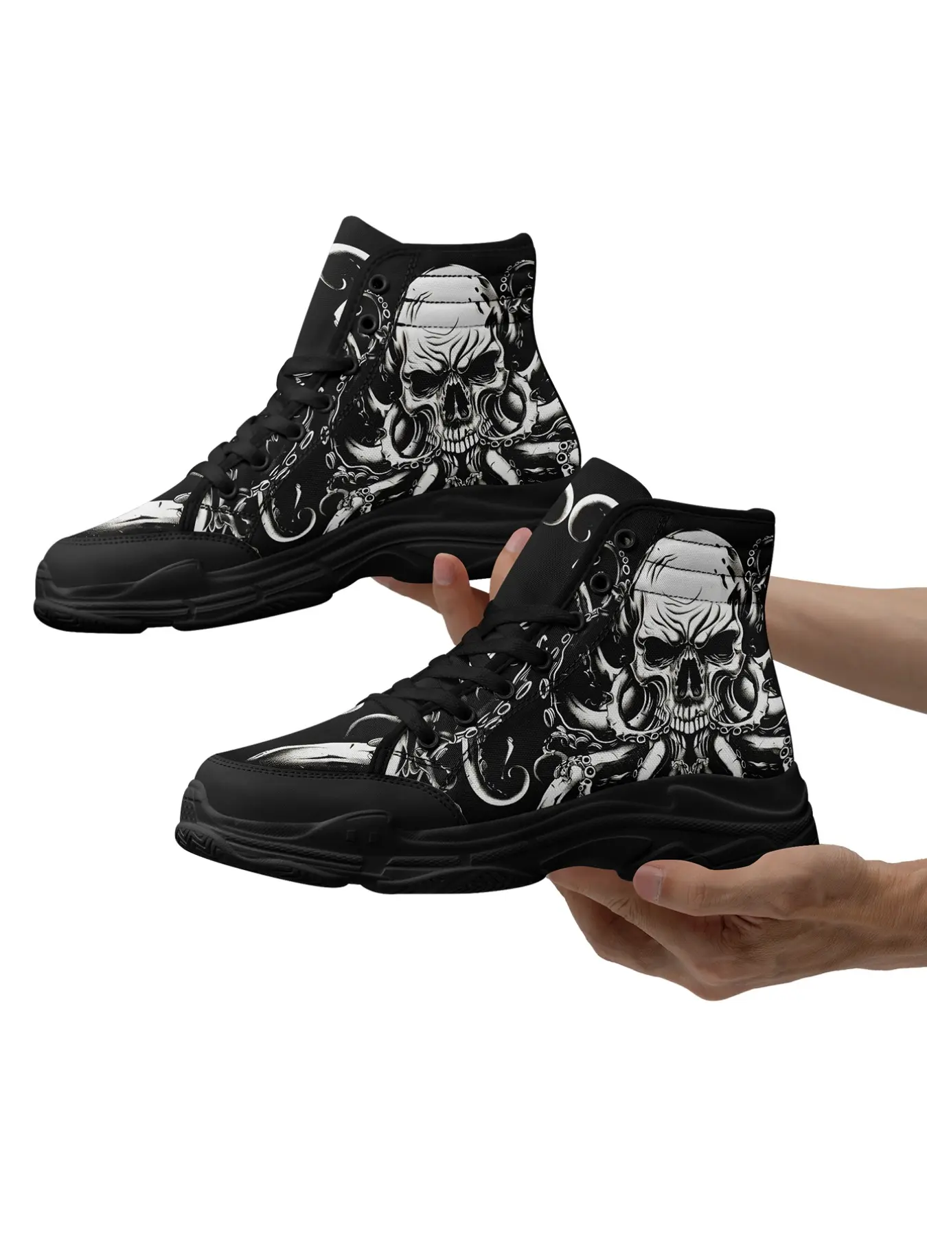 COOLCUSTOMIZE Men's Dark Octopus Skull Art Sneakers,  High Top Streetwear Footwear, Plus Size Lightweight Breathable for Daily Wear