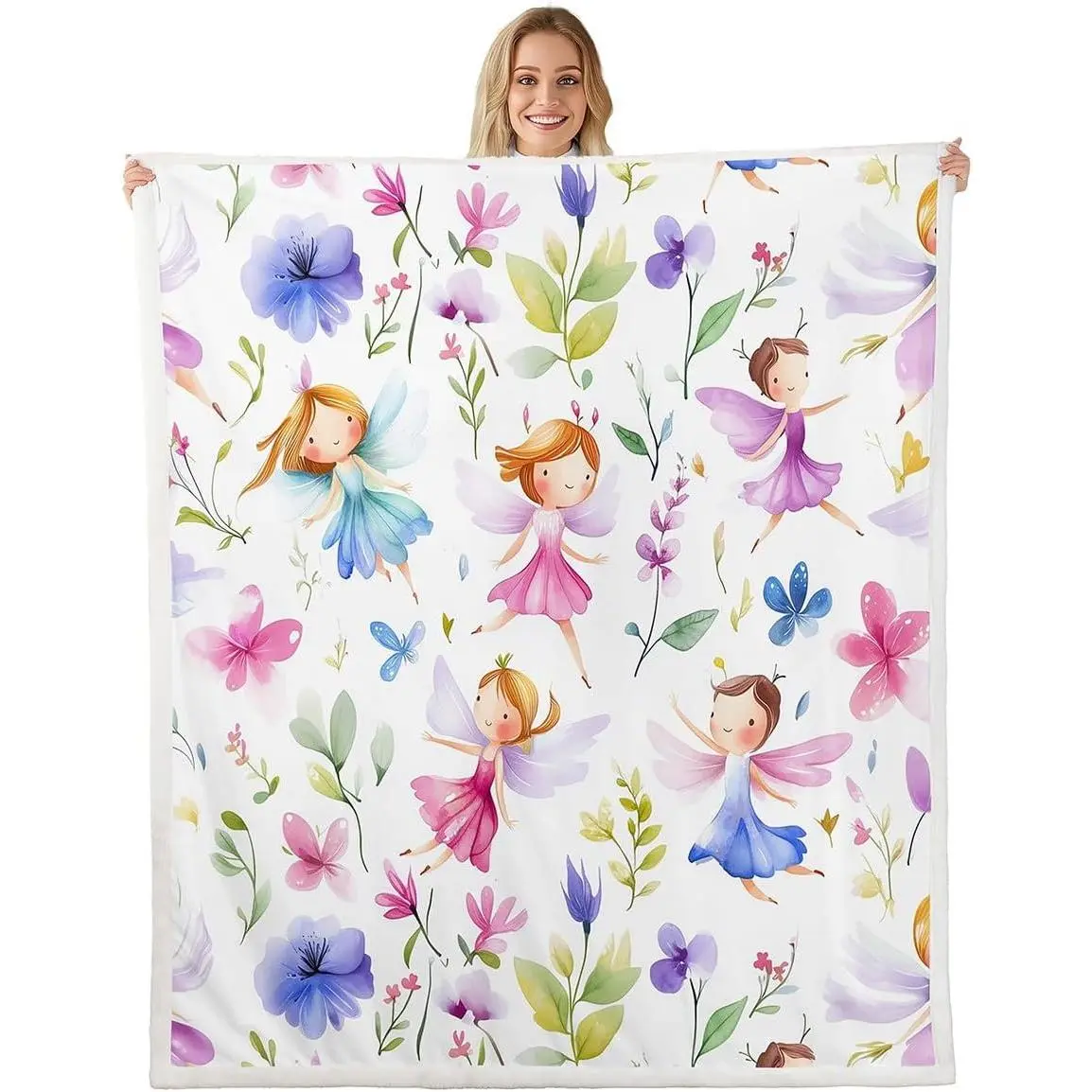 Cute Pink Fairy Fleece Throw Blanket Throw Kids Cartoon Fairy Plush Sherpa Blanket Fuzzy for Boys Girls Teens Floral Flower Print for Bed Couch Chair Breathable Magic Room Decor