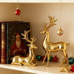 2pcs Golden Deer Ornaments - Elegant Standing Deer Figures With Antlers, Durable Resin Indoor/Outdoor Holiday Decor For Living Room, TV Stand, Christmas, New Year