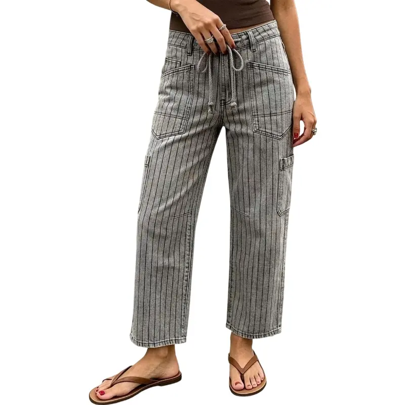 Flamingals Pinstriped Drawstring Side Pocket High Waist Straight Leg Cropped Pants Stretchy 26'' Inseam