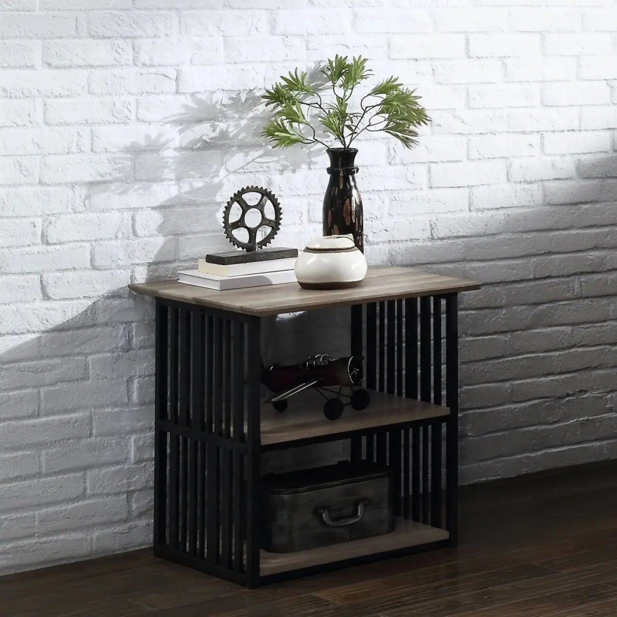 [Fahuac] Industrial Flat-Top Assembled Multi-Purpose Sleek Bedside Table with 2 Open Shelves - 22x22x23in, Metal Frame, Antique Oak, Assembled Bedside Tables, Flat-Top Bedside Tables