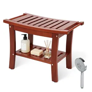 Shower Bench 24 Inch with Storage Shelf + Free Handheld Shower, Waterproof Wooden Shower Stool, 330 lbs Heavy Duty Bath Seat for Bathroom & Outdoor Use, Non-Slip Feet, Easy Assembly