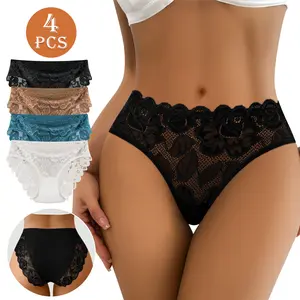 QUASTI 4-Piece Mid-Rise Elegant Lace Women's Briefs, Lace Trim Design, Soft and Breathable, Highly Elastic, Comfortable and Skin-Friendly Womenswear, Elegant lace Panties, Sizes S-XXL
