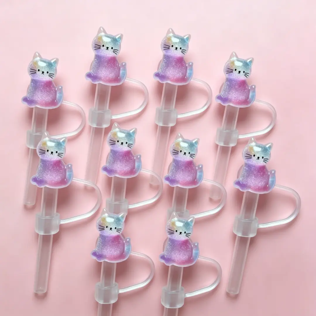 1pcs Cat straw cap, DIY shiny straw cover decoration accessory, gradient cat dust plug, reusable straw cover, suitable for cup accessories, dustproof straw cover, straw top decoration piece