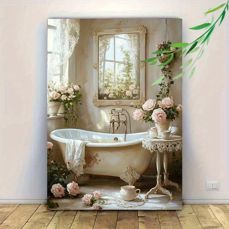1 Piece Vintage Bathtub and Rose Lace Window Scene - Shabby Chic Style Bathroom or Living Room Wall Decoration - Soft Pastel Wooden Frame Canvas Painting - Ready-to-Hang Floral Bathroom Art Print - Women's Housewarming Gift, 2D Graphic Design, Perfect Roo