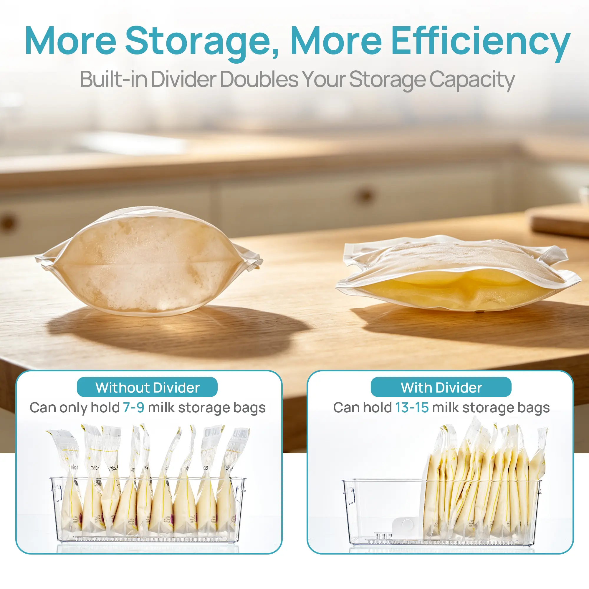 【New Arrival】Vtopmart 4/8 Pack Breastmilk Storage Containers with 2 L-Shaped Sliding Adjustable Dividers, Flexible Compartment Adjustment, Fridge & Freezer Open Storage Bins, Clear& Multi-functional (Breast Milk Bags Not Included)