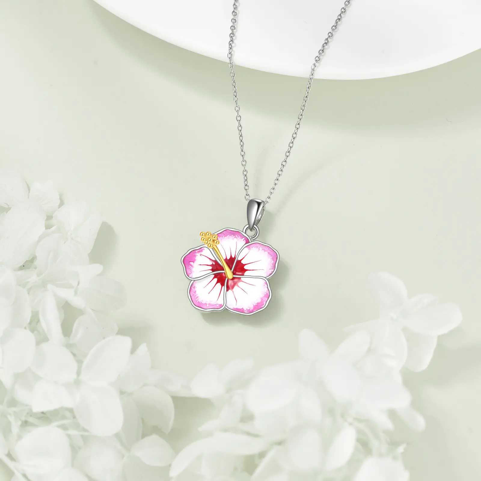 Women's 925 Sterling Silver Hibiscus Flower Motif Necklace, Female Adult Casual Jewelry, Birthday Gift, Adults