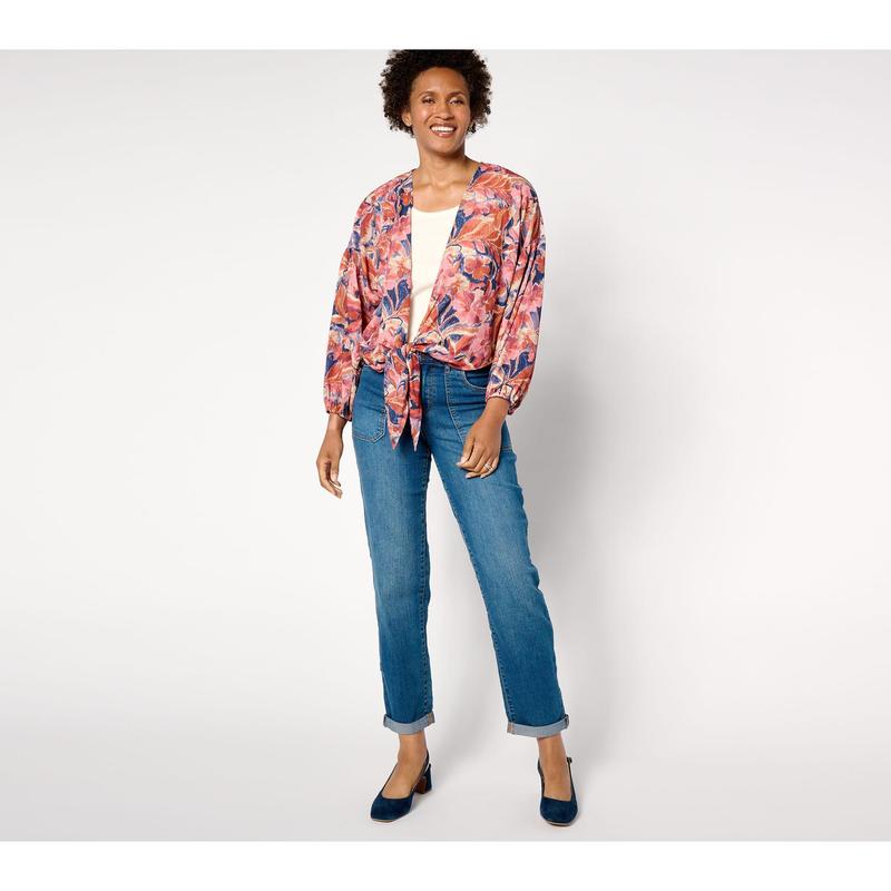 Susan Graver Printed Woven Tie Front Cardigan with Lurex