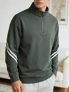 Men's Seven-Quarter Zip Sportswear, Casual Stand-Up Collar Pullover, Dual Stripe Sleeve Design, Comfortable Long Sleeve Top for Daily Wear & Sports