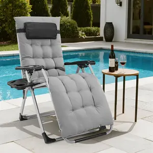 Lockable Reclining Patio Outdoor Chair, 440LB Capacity Folding Beach Lounger with 90-170° Recline, Removable Cushion, Cup Holder & Portable Design for Pool, Indoor Use