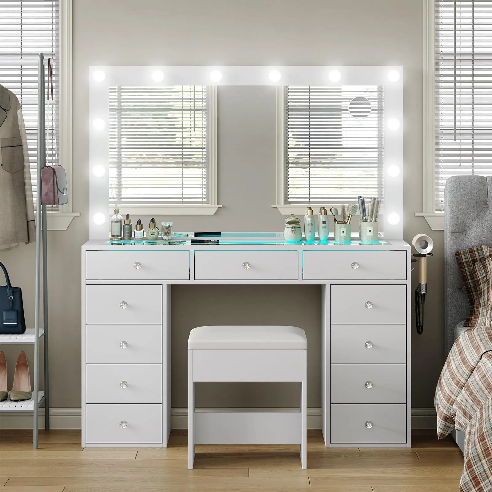 CollaredEagle Vanity Desk with Mirror and Lights & Extral Foldable Desk, 47.25" 3 RGB Illuminated Storage 12 LED Lights Dressing Makeup Vanity Table with 11 Drawers Dressing Table for Bedroom White