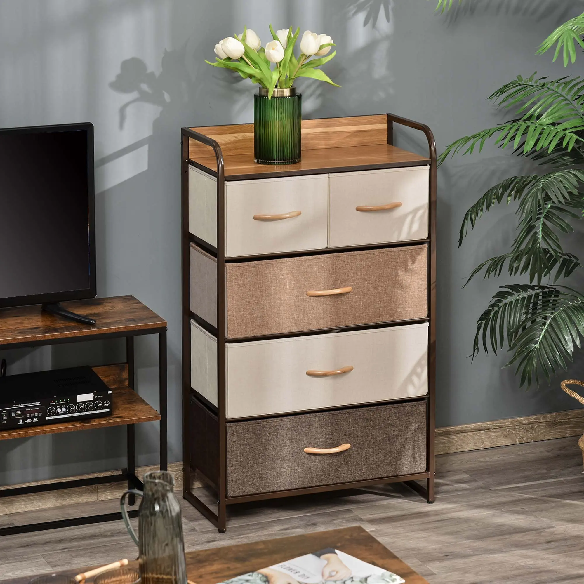 4 tier fabric storage dresser with two small three large foldable drawers maple wood top sturdy steel frame anti slip foot pads for home bedroom closet organization
