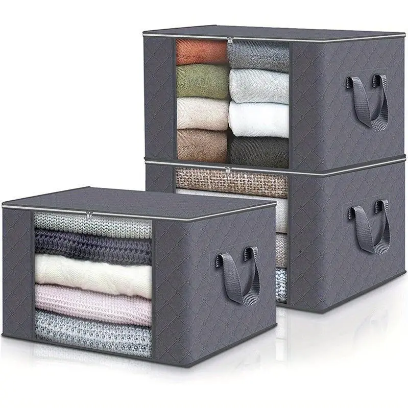 Large Capacity 3-Pack Foldable Grey Woven Fabric Storage Bins - Ideal for Home, Bedroom, Dorm, Spa Wardrobes - No Electricity Needed, Under-Bed Storage