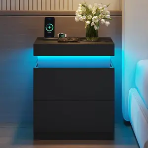 ADORNEVE Nightstand - Contemporary Dual-Use Drawer-Equipped Indoor Bedroom Furniture Bedside Table with Charging Station, LED Lights, Sliding Top, Drawer-Equipped Bedside Tables