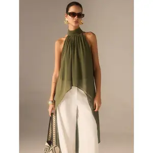 Semi-Sheer Halter-Neck Chiffon Long Top