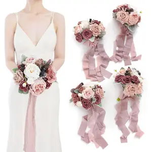 Wedding Bouquet for Bride, Dusty Pink Rose Bridesmaid Artificial Flowers for Bridal Shower Wedding Centerpieces Decoration Light Silk Ornaments