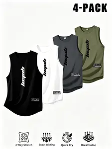 4-Pack Men's Casual Sleeveless Tank Tops, Multicolor Letter Print, Breathable Quick-Dry, Ideal for Gym & Running