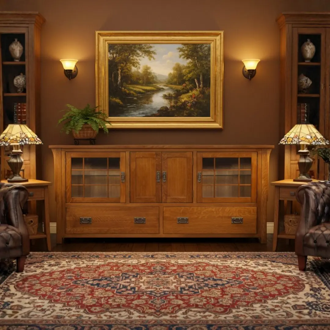 Mission Quarter Sawn Oak 72" TV Stand - Michael's Cherry (MC-A) with Glass Doors, Full-Sized Multimedia Centre, Glazed Multimedia Centre, Full-Sized Tv Stands & Multimedia Centres