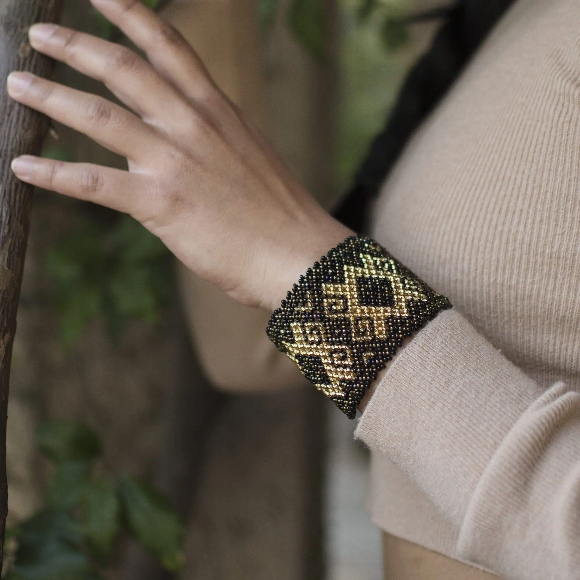 Grecian Gold - Native Beaded Bracelet in Brown & Gold - Handmade by Mexican Artisans - Mother Sierra