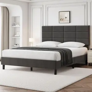 Queen Size Bed Frame with Adjustable Headboard Linen Upholstered Queen Platform Bed Frame with Wooden Slats Support Mattress Foundation and No Box Spring Needed Grey