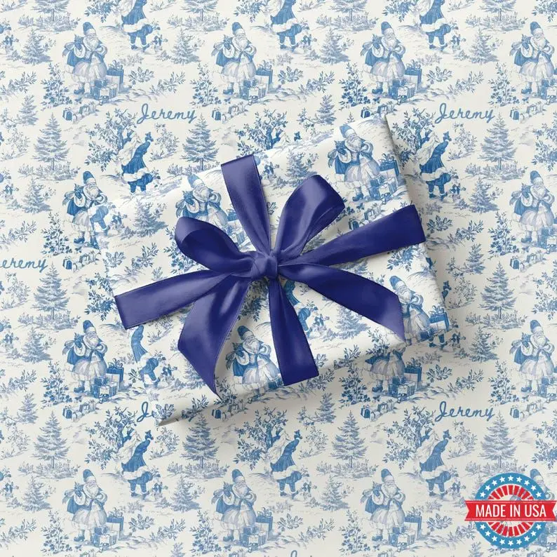 Blue Santa Toile Wrapping Paper Blue Vintage Gift Wrap Personalized Elegant Blue Christmas Gift Wrap Festive Chinoiserie Wrapping Paper Roll