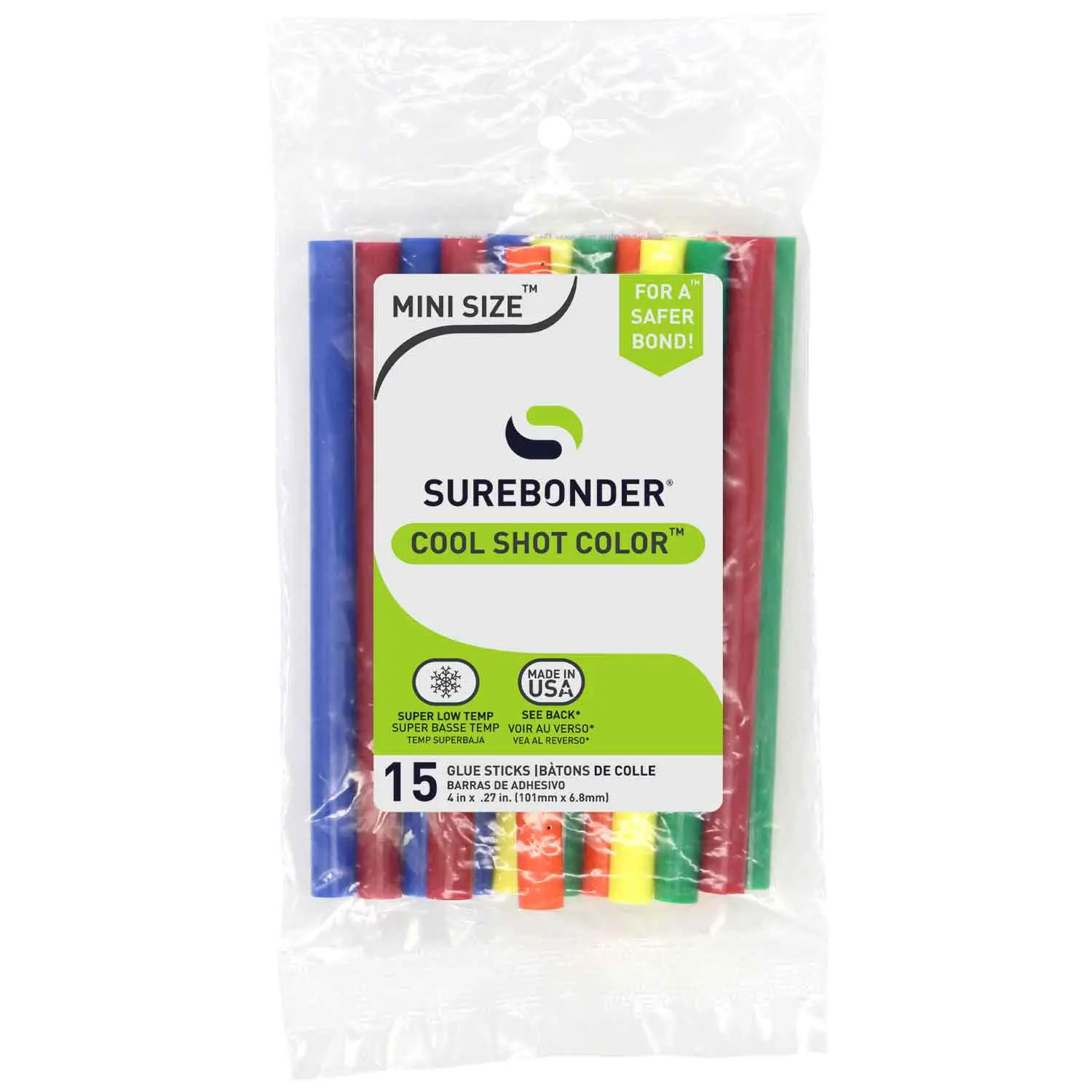 Surebonder Colored Cool Shot Glue Sticks for Cool Shot Ultra Low Temperature Glue Gun, Bonds Balloons and Fabric Blue, Red, Orange, Yellow, and Green, 15 Pack