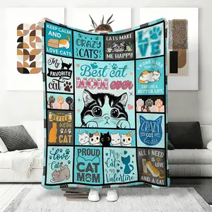 'Keep Calm and Love Cats’ Flannel Blanket, Crazy Cats Print Patchwork Style Fleece Throw, Fun Gift for Cat Lovers, Soft Plush with Blue Checker & Polka Dots,bedding