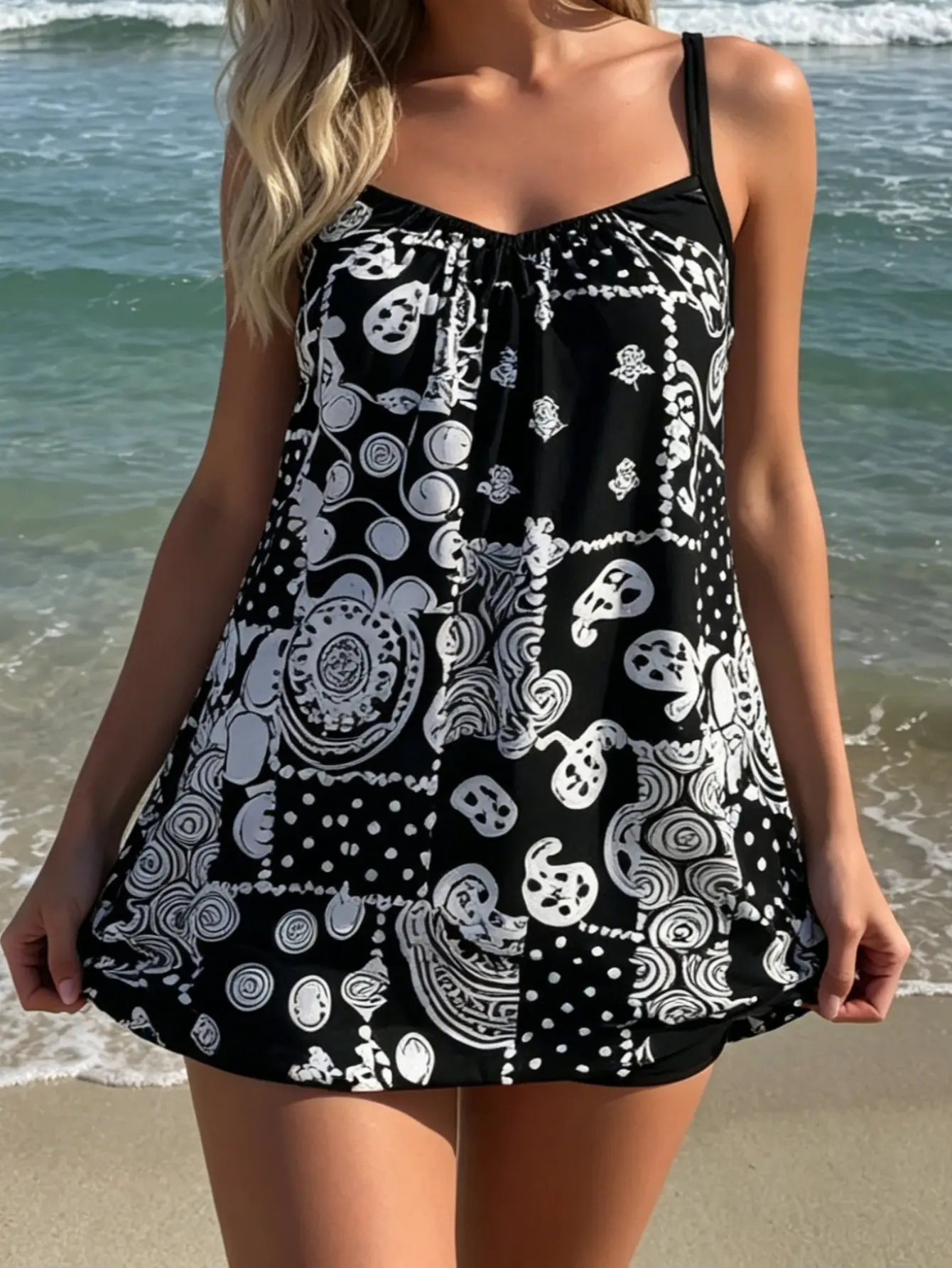 Women's 2026 Paisley 2-Piece Loose-Fit Tankini Set - Flowy Swim Dress Top with Boyshorts, Black & White Bathing Suit, Tankini Outfit
