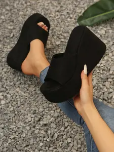 Women's Velvet Thick Sole Wedge Sandals, Waterproof Platform Open Toe Design Slip-On Shoes, Comfortable Summer Footwear