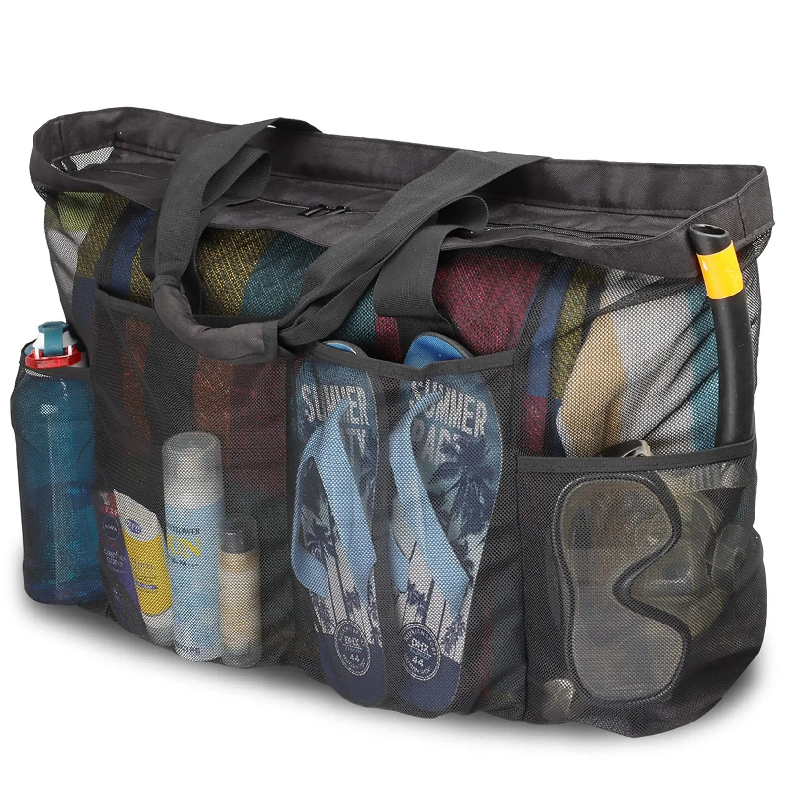 GOTDYA XL Mesh Totes and Beach Bags Extra Large Duffle With Zipper and Pockets Oversized for Towels Toys Ideal for Family Beach/Pool Trips Black