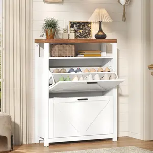 Shoe Storage Cabinet with 2 Flip Drawers, 4 Tires Farmhouse Shoe Organizer with Open Storage Shelf & Barn Door, Adjustable or Removable Freestanding Hidden Narrow Shoe Rack for Foyer, White for Halloween, Christmas, Thanksgiving, New Year furniture