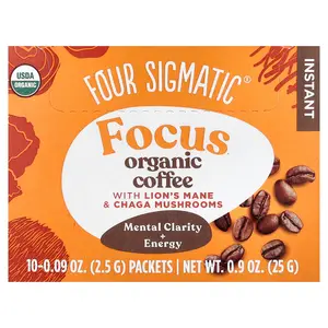 Four Sigmatic Focus, Instant Organic Coffee with Lion's Mane & Chaga Mushrooms, Medium Roast, 10 Packets, 0.09 oz (2.5 g) Each