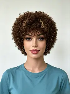 Viral 8 Inch Lightweight Summer Wig, 150% Density Brazilian Human Hair, Short Pixie & Curly Bob, Glueless Full Machine Wig with Bangs