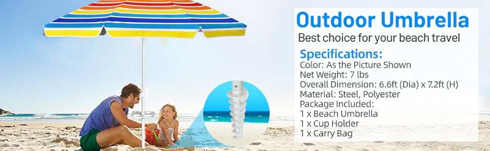 COSTWAY 6.5/7.2 FT Beach Umbrella, Portable Outdoor Umbrella with Sand Anchor, Adjustable Tilt, Steel Pole, Carrying Bag, Outdoor Sunshade Shelter with Cup Holder for Beach, Poolside